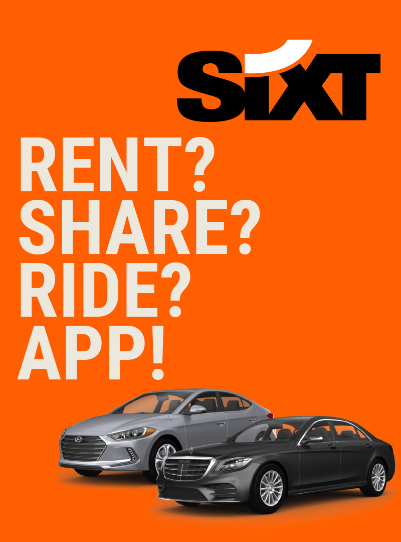 Zwei SIXT Mietwagen auf orangenem Hintergrund, Sixt Logo, Text: RENT?SHARE?RIDE?APP!